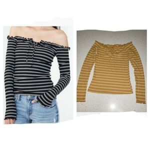 Long Sleeve Striped Lace-Up Off-The-Shoulder Top
